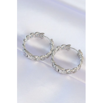 HEYF Pirinç Gümüş Renk Zincir Model Halka Küpe