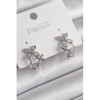 HEYF Pirinç Gümüş Renk Zirkon Taşlı 2Li Çiçek Model Kadın Küpe