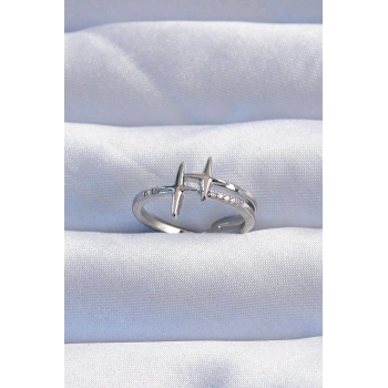 HEYF Pirinç Gümüş Renk Zirkon Taşlı 2li Görünüm Ayarlanabilir Yıldız Model Yüzük