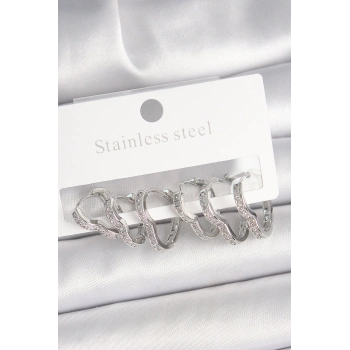 HEYF Pirinç Gümüş Renk Zirkon Taşlı 3 Çift Kalp Model Kadın Küpe