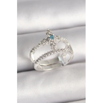 HEYF Pirinç Gümüş Renk Zirkon Taşlı Ayarlanabilir Model Kadın Yüzük