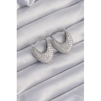 HEYF Pirinç Gümüş Renk Zirkon Taşlı Badem Model Küpe