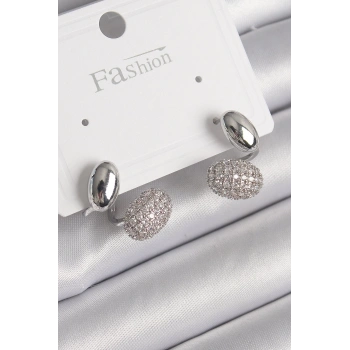 HEYF Pirinç Gümüş Renk Zirkon Taşlı Bombeli Model Kadın Küpe