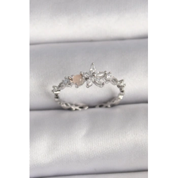 HEYF Pirinç Gümüş Renk Zirkon Taşlı Çiçek Model Ayarlanabilir Yüzük