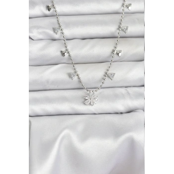 HEYF Pirinç Gümüş Renk Zirkon Taşlı Çiçek Model Kadın Kolye