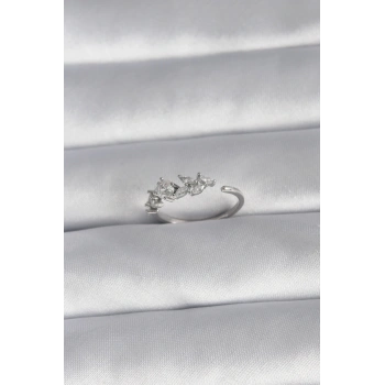 HEYF Pirinç Gümüş Renk Zirkon Taşlı Çiçek Model Kadın Yüzük