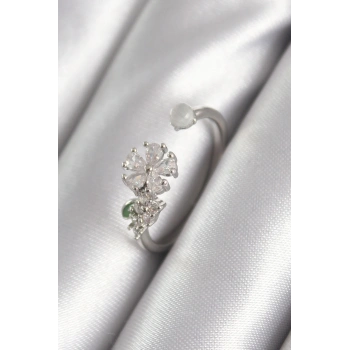 HEYF Pirinç Gümüş Renk Zirkon Taşlı Çiçek Model Kadın Yüzük