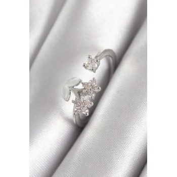 HEYF Pirinç Gümüş Renk Zirkon Taşlı Çiçek Model Kadın Yüzük