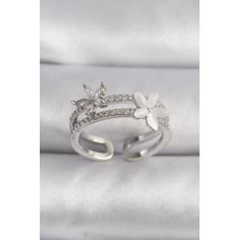 HEYF Pirinç Gümüş Renk Zirkon Taşlı Çiçek Model VIP Seri Kadın Yüzük