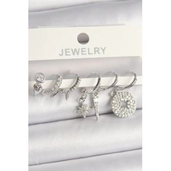 HEYF Pirinç Gümüş Renk Zirkon Taşlı Çoklu Figür Kadın Küpe Seti