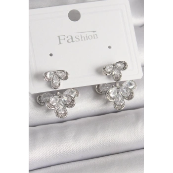 HEYF Pirinç Gümüş Renk Zirkon Taşlı Damla Model Kadın Küpe