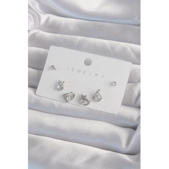 HEYF Pirinç Gümüş Renk Zirkon Taşlı Damla Model Küpe Seti