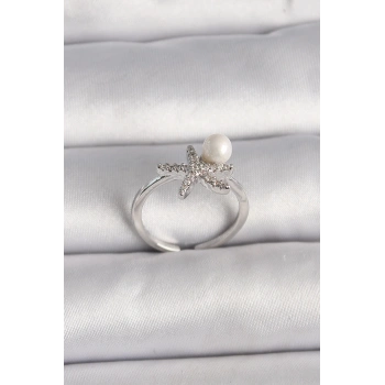 HEYF Pirinç Gümüş Renk Zirkon Taşlı Deniz Yıldızı Model İnci Detay Ayarlanabilir Yüzük