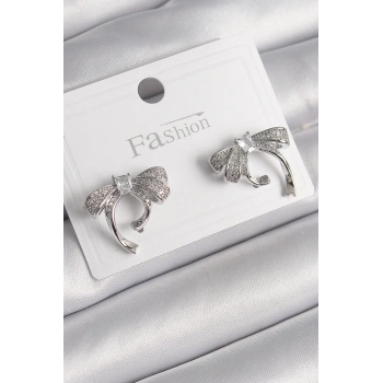 HEYF Pirinç Gümüş Renk Zirkon Taşlı Fiyonk Model Kadın Küpe