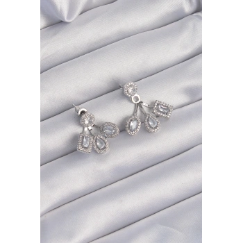 HEYF Pirinç Gümüş Renk Zirkon Taşlı Geometrik Model Küpe