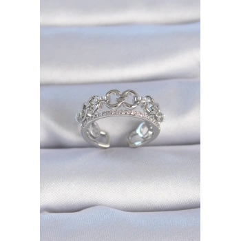 HEYF Pirinç Gümüş Renk Zirkon Taşlı İnci Detay Kadın Yüzük