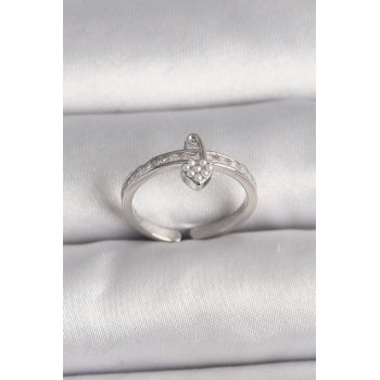 HEYF Pirinç Gümüş Renk Zirkon Taşlı İnci Detaylı Kilit Kalp Model Ayarlanabilir Yüzük