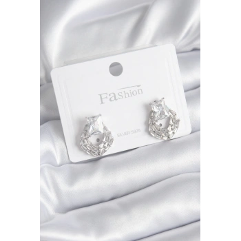 HEYF Pirinç Gümüş Renk Zirkon Taşlı Kadın Küpe