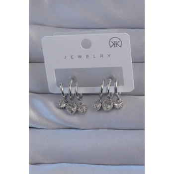 HEYF Pirinç Gümüş Renk Zirkon Taşlı Kalp Model Çoklu Görünüm Yarım Halka Küpe