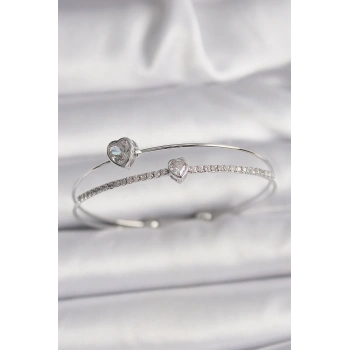 HEYF Pirinç Gümüş Renk Zirkon Taşlı Kalp Model Kadın Bileklik