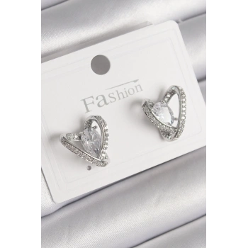 HEYF Pirinç Gümüş Renk Zirkon Taşlı Kalp Model Kadın Küpe