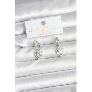 HEYF Pirinç Gümüş Renk Zirkon Taşlı Kalp Model Kadın Küpe