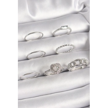 HEYF Pirinç Gümüş Renk Zirkon Taşlı Kalp Model Kadın Yüzük Kombini