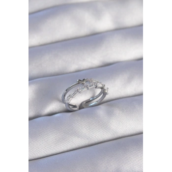 HEYF Pirinç Gümüş Renk Zirkon Taşlı Kalpli 2li Görünüm Ayarlanabilir Yüzük