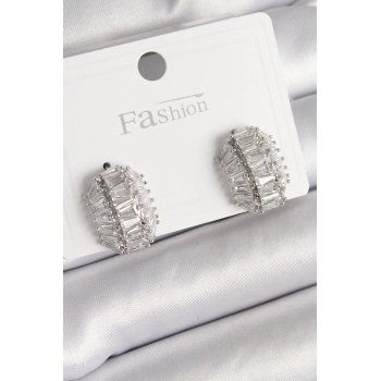 HEYF Pirinç Gümüş Renk Zirkon Taşlı Kaplumbağa Kabuğu Model Kadın Küpe