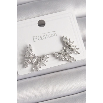 HEYF Pirinç Gümüş Renk Zirkon Taşlı Kelebek Model Kadın Küpe
