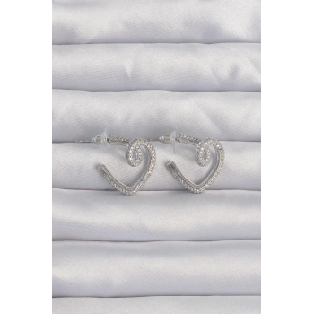 HEYF Pirinç Gümüş Renk Zirkon Taşlı Kıvrımlı Yarım Kalp Küpe