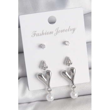 HEYF Pirinç Gümüş Renk Zirkon Taşlı Sallantılı Kalp Model 3 Çift Kadın Küpe Seti