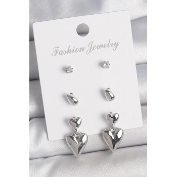 HEYF Pirinç Gümüş Renk Zirkon Taşlı Sallantılı Kalp Model 3 Çift Kadın Küpe Seti