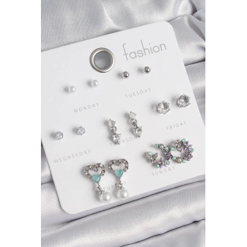 HEYF Pirinç Gümüş Renk Zirkon Taşlı Sallantılı Kalp Model Çiçek Detay 7 Çift Kadın Küpe Seti