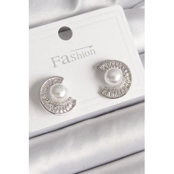 HEYF Pirinç Gümüş Renk Zirkon Taşlı Salyangoz Model İnci Detay Kadın Küpe