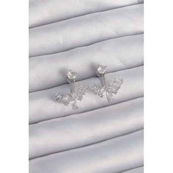 HEYF Pirinç Gümüş Renk Zirkon Taşlı V Model Küpe