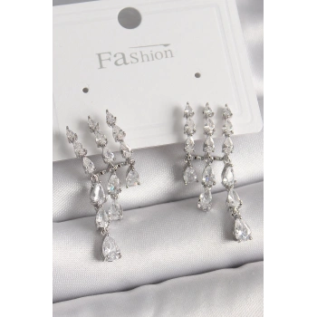 HEYF Pirinç Gümüş Renk Zirkon Taşlı Yağmur Model Kadın Küpe