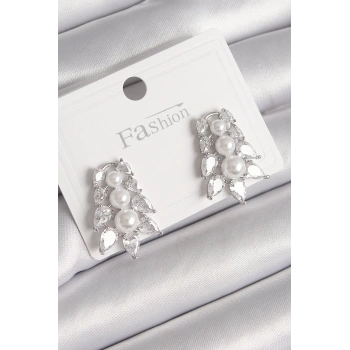 HEYF Pirinç Gümüş Renk Zirkon Taşlı Yaprak Model İnci Detay Kadın Küpe