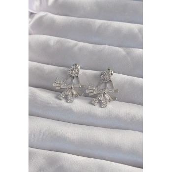 HEYF Pirinç Gümüş Renk Zirkon Taşlı Yassı Fiyonk Model Küpe