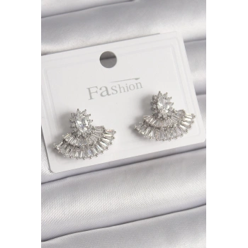 HEYF Pirinç Gümüş Renk Zirkon Taşlı Yelpaze Model Kadın Küpe