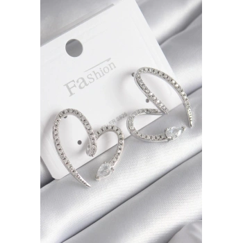HEYF Pirinç Gümüş Renk Zirkon Taşlı Yılan Kalp Model Kadın Küpe