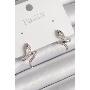 HEYF Pirinç Gümüş Renk Zirkon Taşlı Yılan Model Kadın Küpe