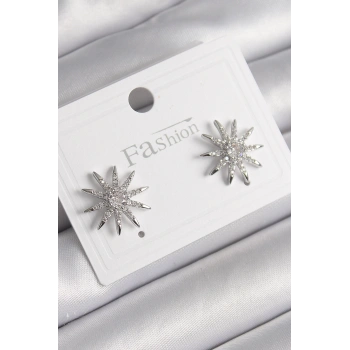 HEYF Pirinç Gümüş Renk Zirkon Taşlı Yıldız Model Kadın Küpe