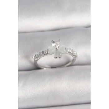 HEYF Pirinç Gümüş Renk Zirkon Taşlı Yonca Model İnci Detay Ayarlanabilir Yüzük