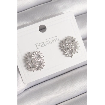 HEYF Pirinç Gümüş Renk Zirkon Taşlı Yonca Model Kadın Küpe