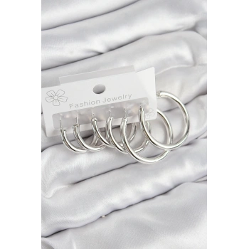 HEYF Pirinç Halka Model Gümüş Renk Kadın Set Küpe