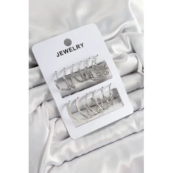 HEYF Pirinç Karışık Halka Model Gümüş Renk 6 Çift Kadın Küpe Set