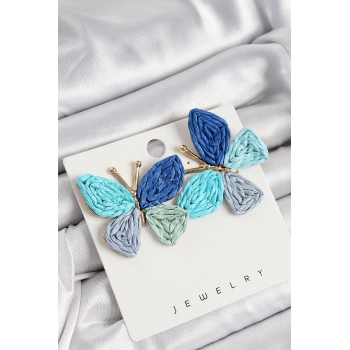 HEYF Pirinç Mavi Kelebek Model Gold Renk Kadın Hasır Küpe