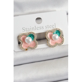 HEYF Pirinç Pembe Mineli İnci Detaylı Zirkon Taşlı Sanatsal Portre Yonca Model Gold Renk Kadın Küpe