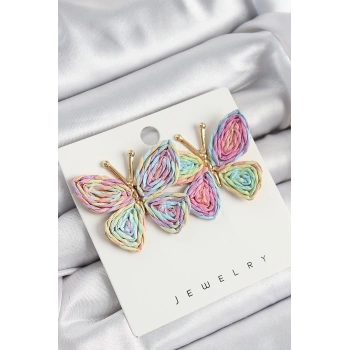 HEYF Pirinç Rainbow Kelebek Model Gold Renk Kadın Hasır Küpe